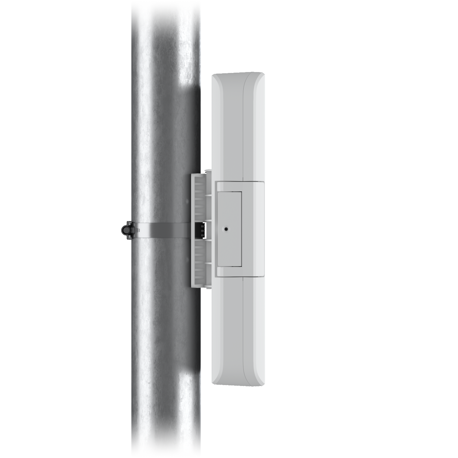 Side view of the UISP Fiber Outdoor Terminal Box secured to a pole with its mounting bracket and metal clamp