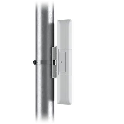 Side view of the UISP Fiber Outdoor Terminal Box secured to a pole with its mounting bracket and metal clamp