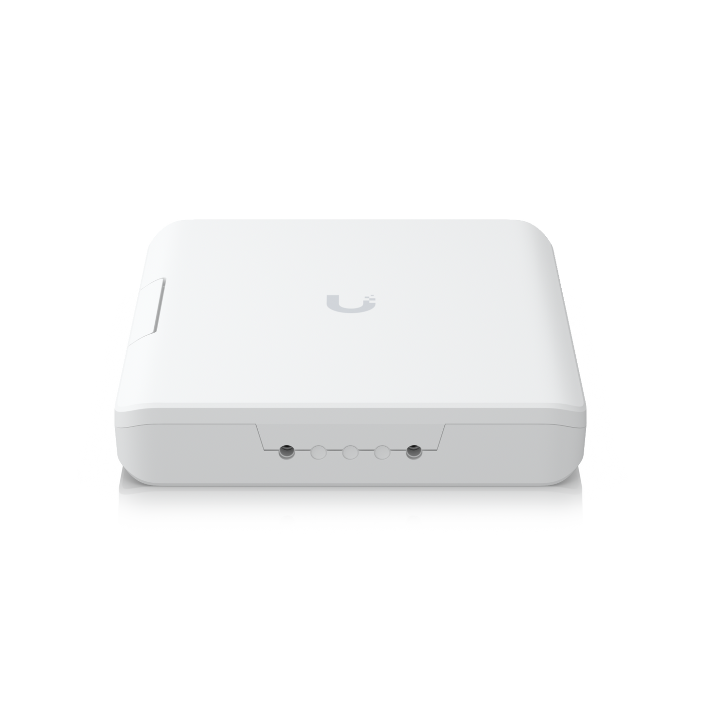 Low-angle view of the Ubiquiti UACC-UF-Terminal-Box showing the closed cover and bottom cable entry points