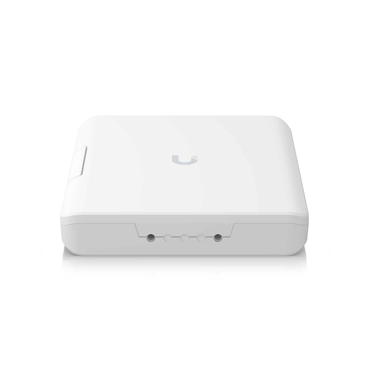 Low-angle view of the Ubiquiti UACC-UF-Terminal-Box showing the closed cover and bottom cable entry points