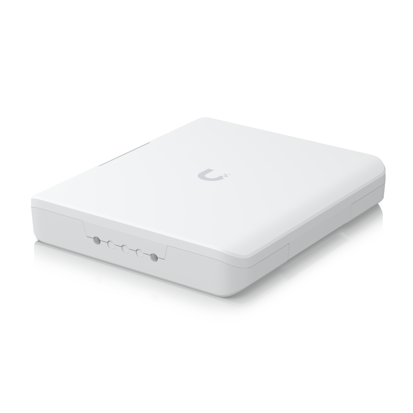 Angled front view of the closed Ubiquiti UISP Fiber Outdoor Terminal Box with bottom cable entry ports