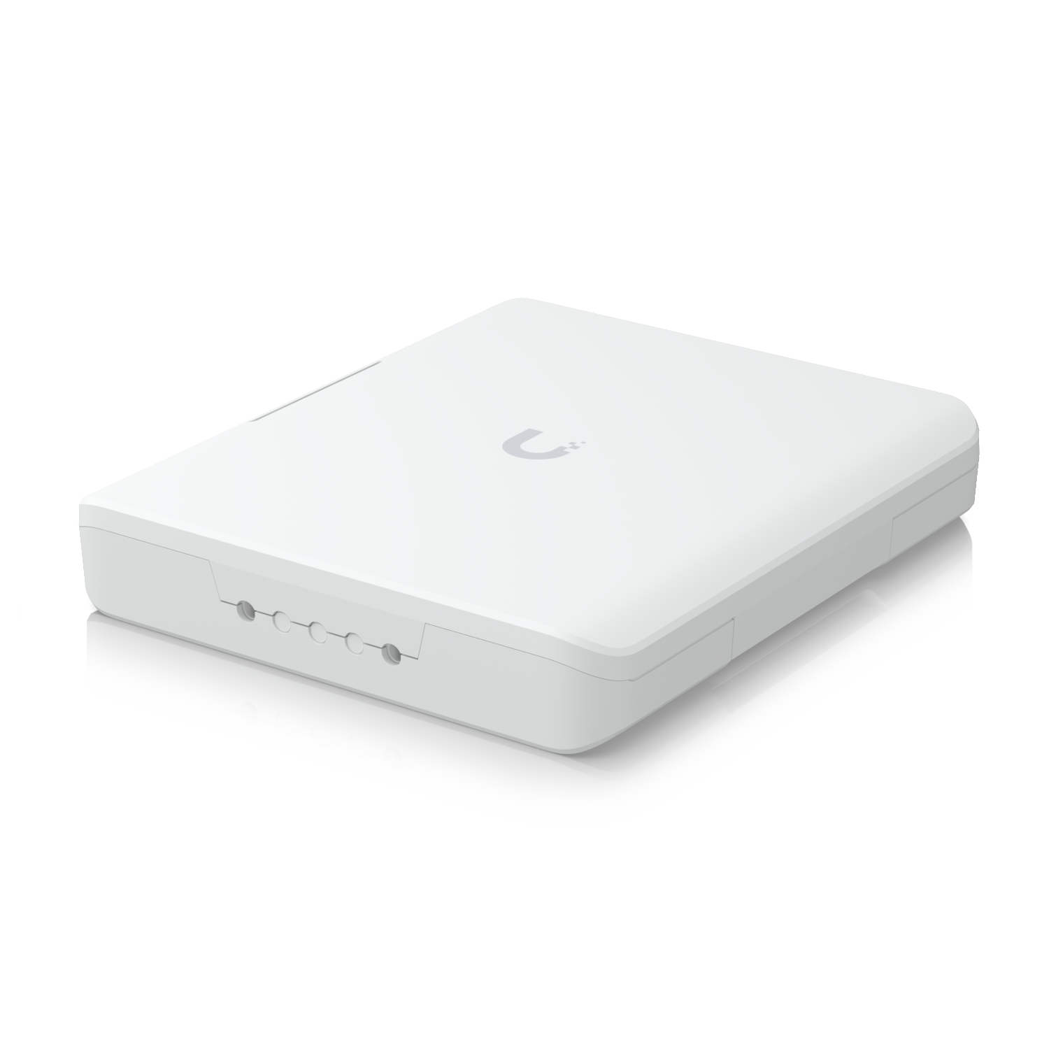 Angled front view of the closed Ubiquiti UISP Fiber Outdoor Terminal Box with bottom cable entry ports