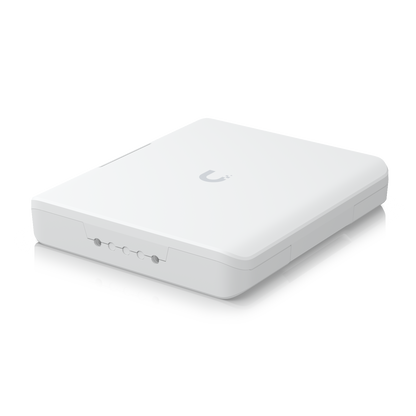 Angled front view of the closed Ubiquiti UISP Fiber Outdoor Terminal Box with bottom cable entry ports