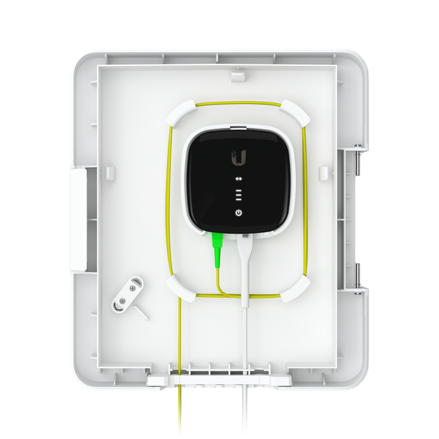 Open Ubiquiti UACC-UF-Terminal-Box with compact fibre device, routed optical cable and bottom cable entry