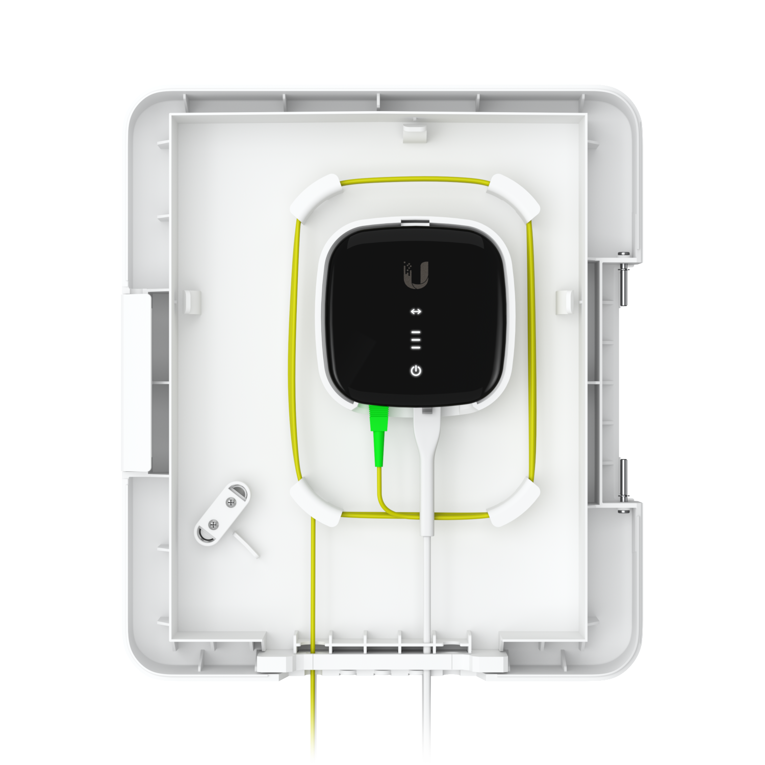 Open Ubiquiti UACC-UF-Terminal-Box with compact fibre device, routed optical cable and bottom cable entry