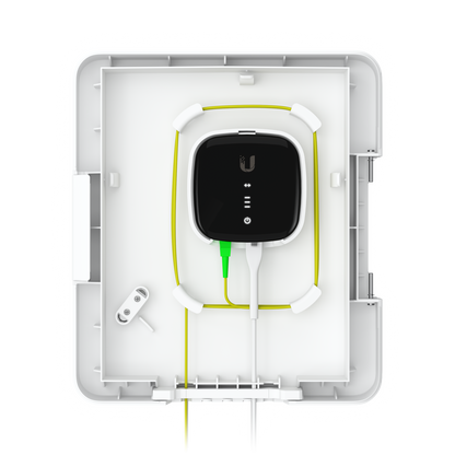 Open Ubiquiti UACC-UF-Terminal-Box with compact fibre device, routed optical cable and bottom cable entry