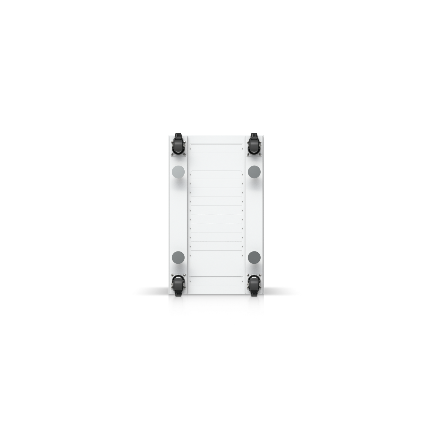 Underside view of Ubiquiti UniFi 42U rack cabinet showing four heavy-duty caster wheels and cable access panel