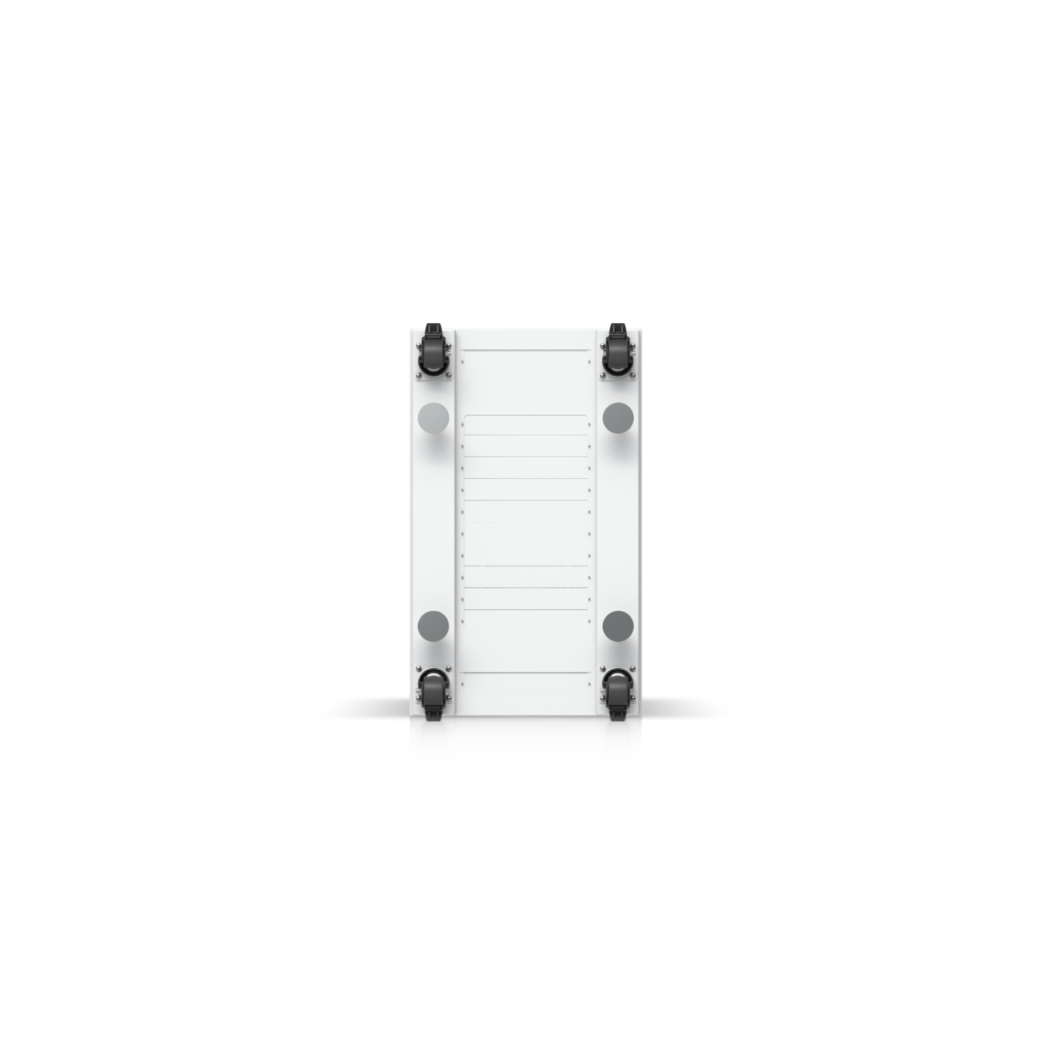 Underside view of Ubiquiti UniFi 42U rack cabinet showing four heavy-duty caster wheels and cable access panel