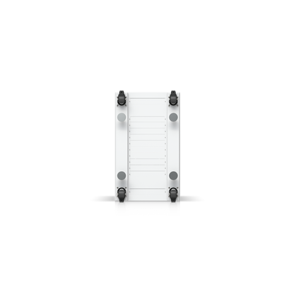 Underside view of Ubiquiti UniFi 42U rack cabinet showing four heavy-duty caster wheels and cable access panel