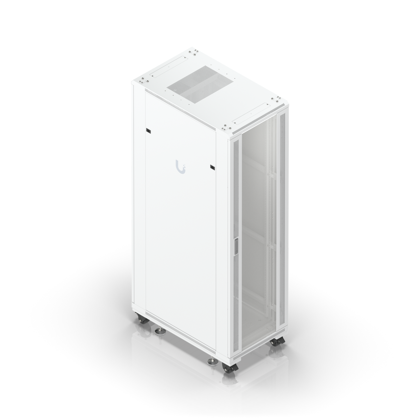 High-angle view of Ubiquiti UACC-Rack-42U 1000mm rack cabinet with top ventilation and glass front door
