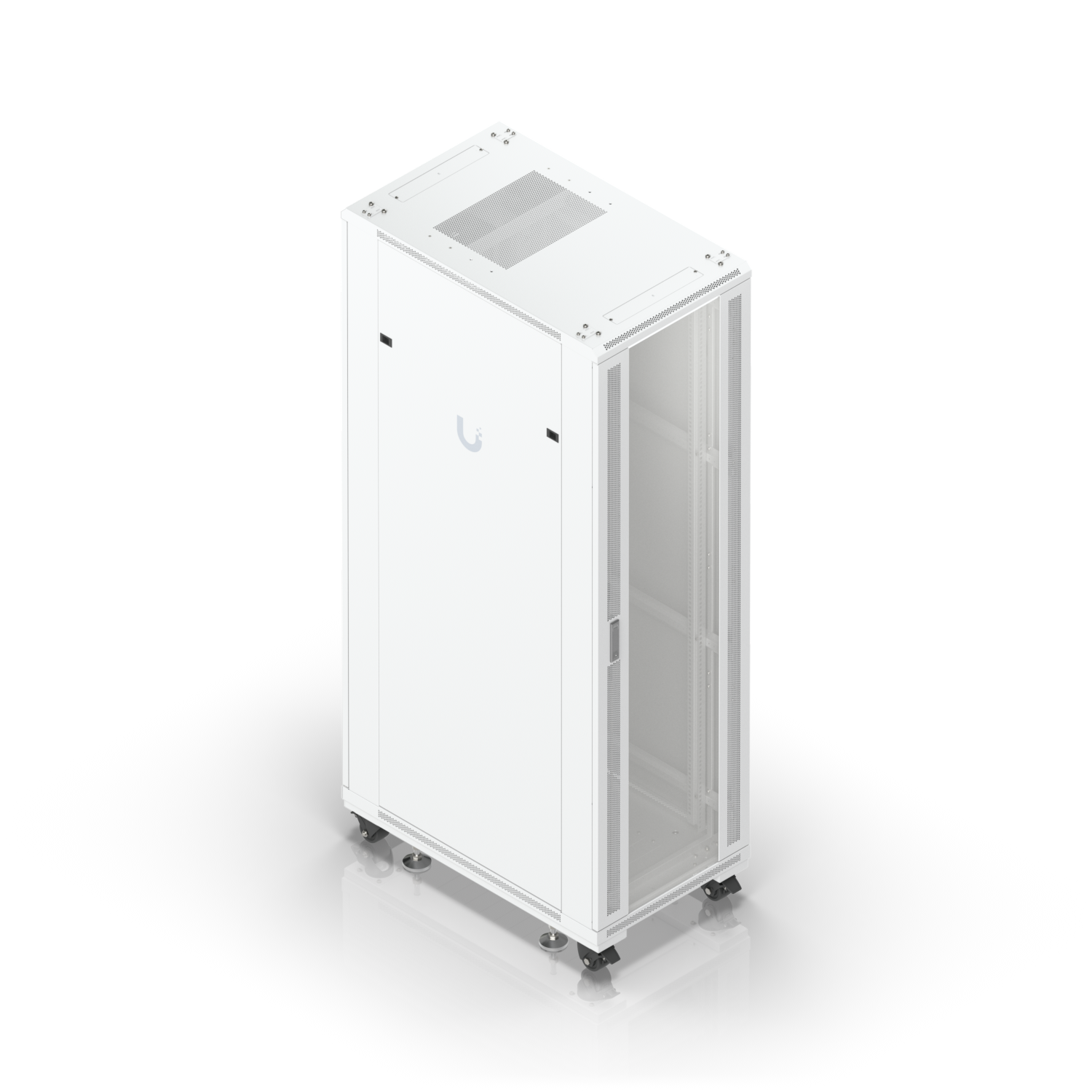 High-angle view of Ubiquiti UACC-Rack-42U 1000mm rack cabinet with top ventilation and glass front door