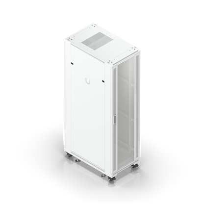 High-angle view of Ubiquiti UACC-Rack-42U 1000mm rack cabinet with top ventilation and glass front door