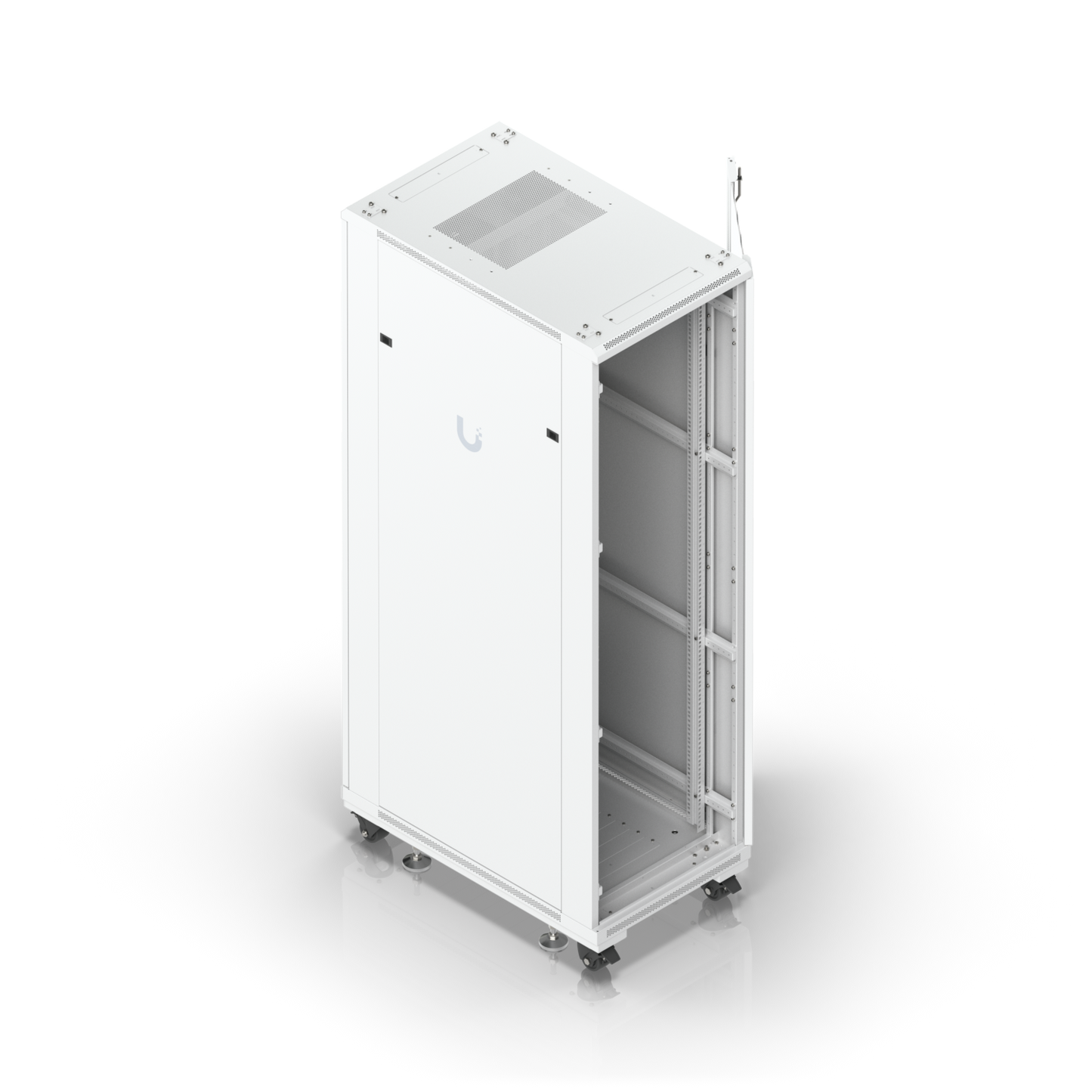 High-angle view of Ubiquiti UniFi 42U rack cabinet with open front door, mounting rails and cable entry points