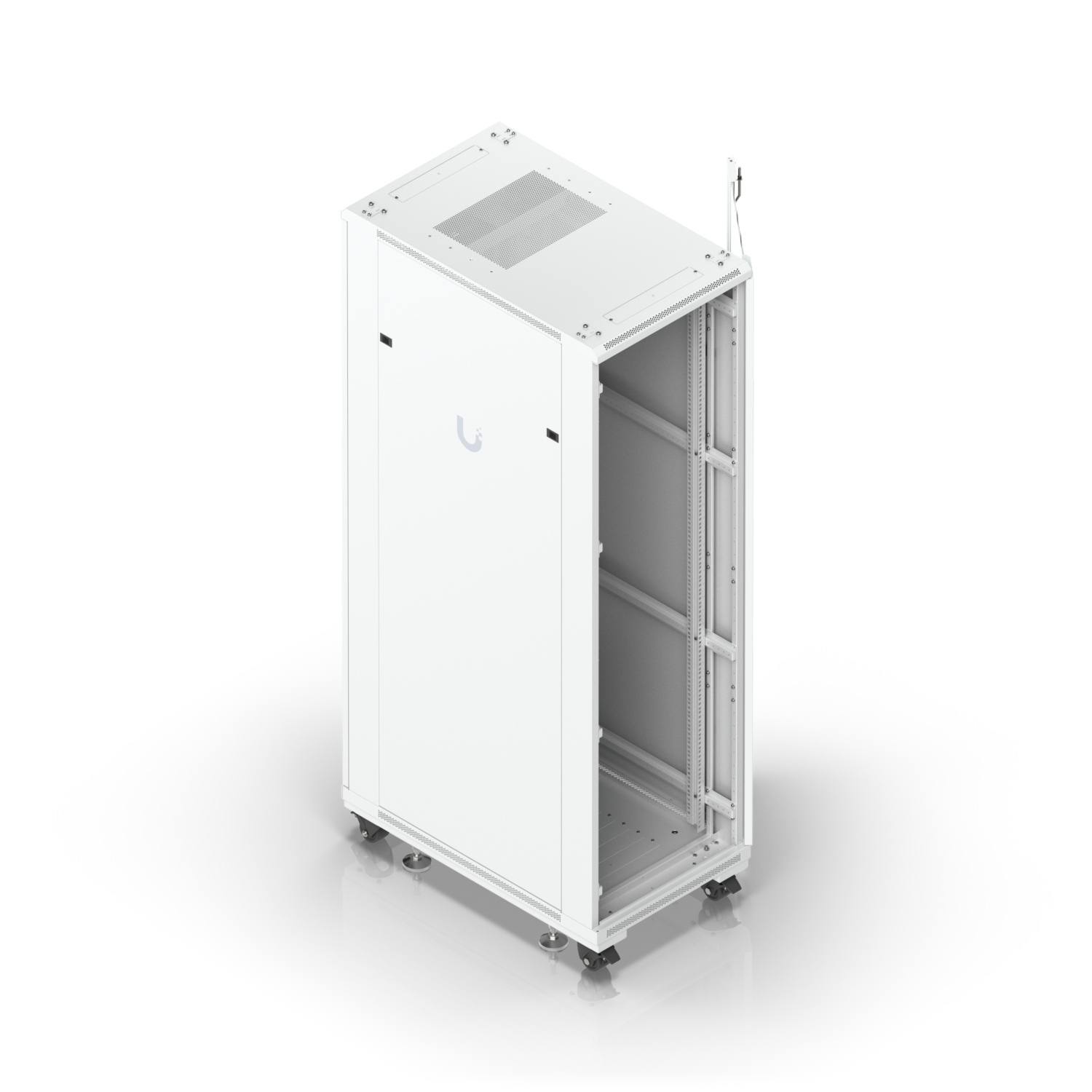 High-angle view of Ubiquiti UniFi 42U rack cabinet with open front door, mounting rails and cable entry points