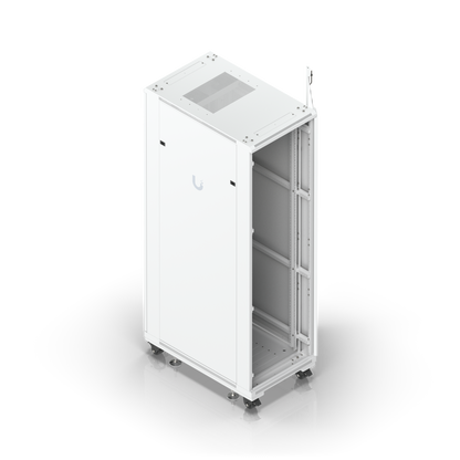 High-angle view of Ubiquiti UniFi 42U rack cabinet with open front door, mounting rails and cable entry points