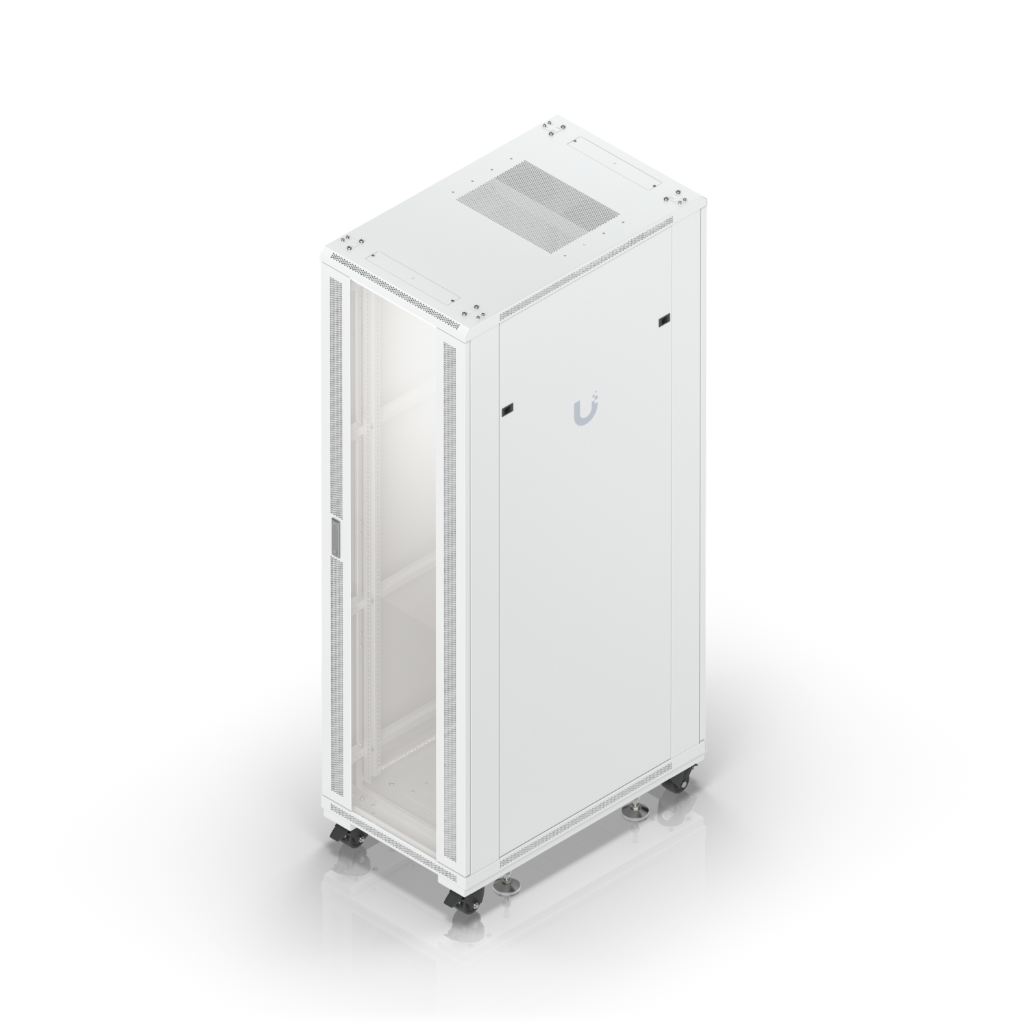 High-angle front view of Ubiquiti UACC-Rack-42U cabinet with glass door, solid side panel and caster wheels