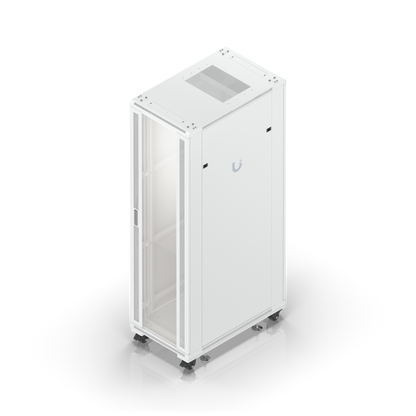 High-angle front view of Ubiquiti UACC-Rack-42U cabinet with glass door, solid side panel and caster wheels