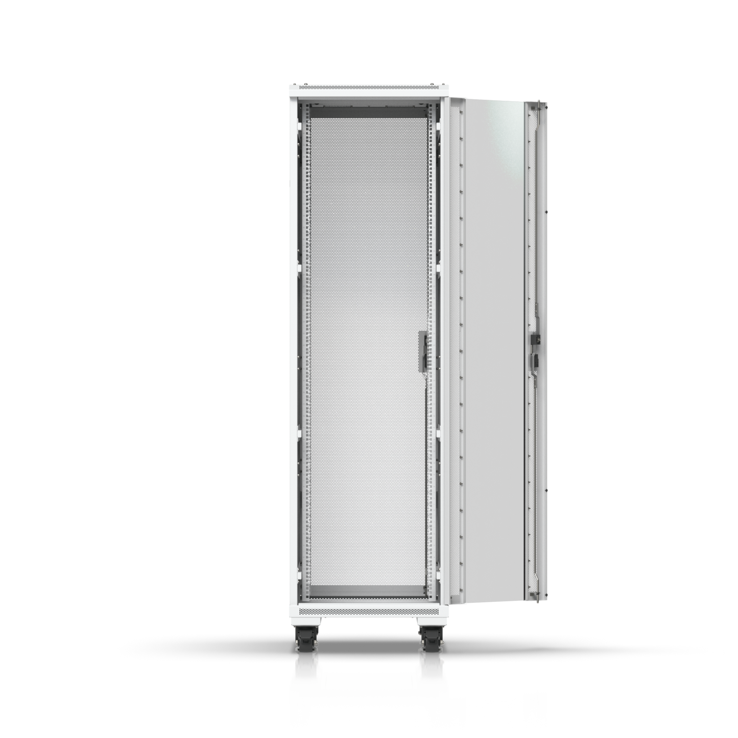 Ubiquiti UniFi 42U rack cabinet with tempered glass front door open, showing internal mounting rails