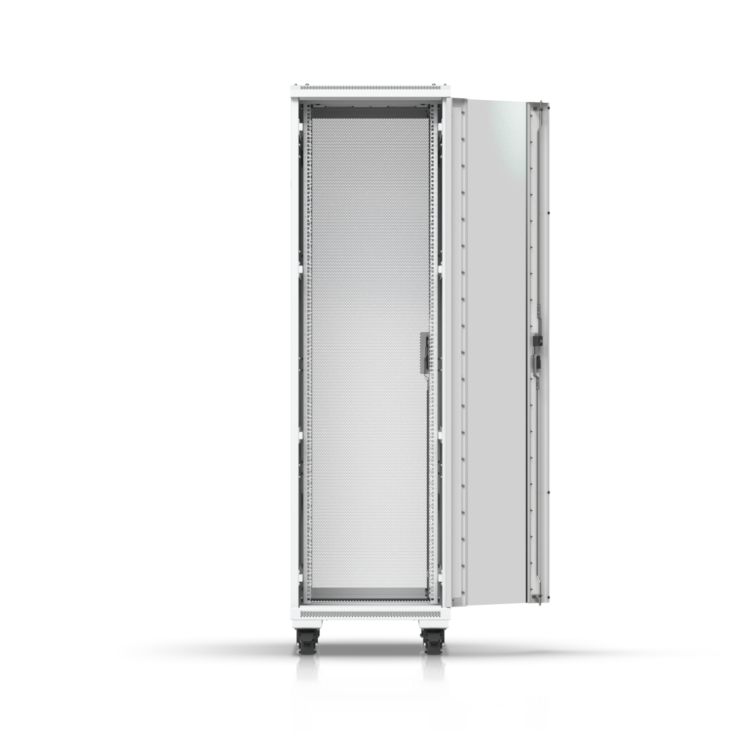 Ubiquiti UniFi 42U rack cabinet with tempered glass front door open, showing internal mounting rails