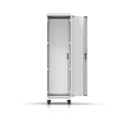 Ubiquiti UniFi 42U rack cabinet with tempered glass front door open, showing internal mounting rails
