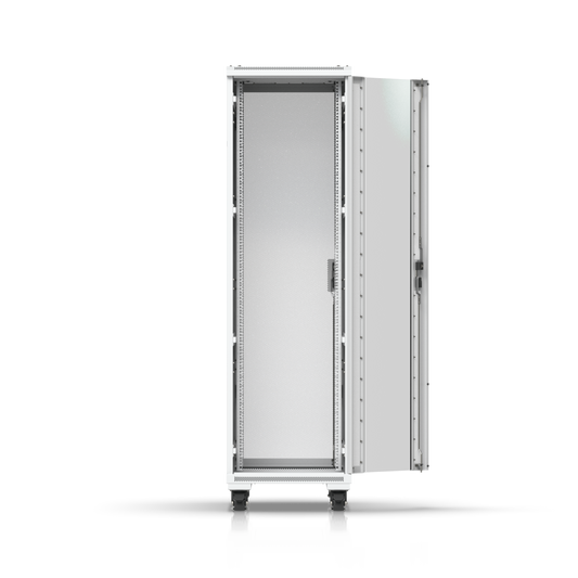 Ubiquiti UniFi 42U rack cabinet with tempered glass front door open, showing internal mounting rails