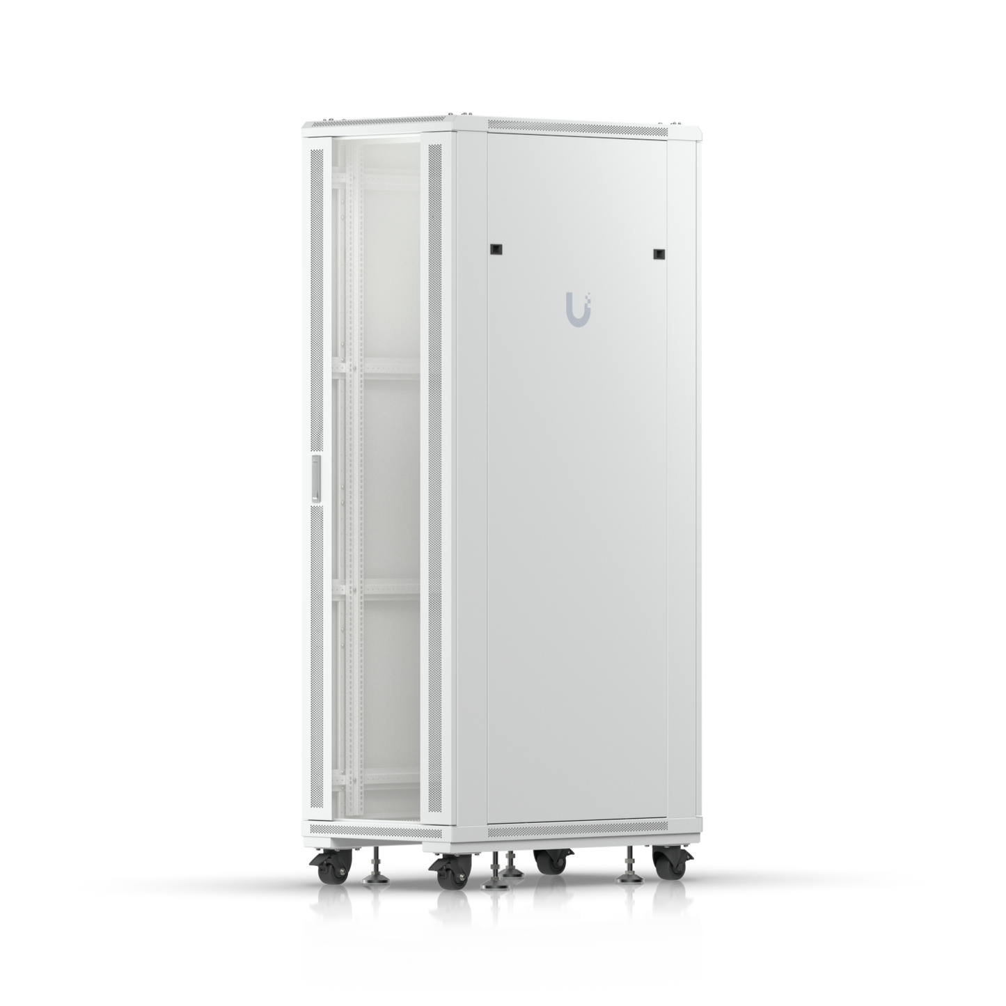 Ubiquiti UACC-Rack-42U 1000mm rack cabinet in front three-quarter view with solid removable side panel