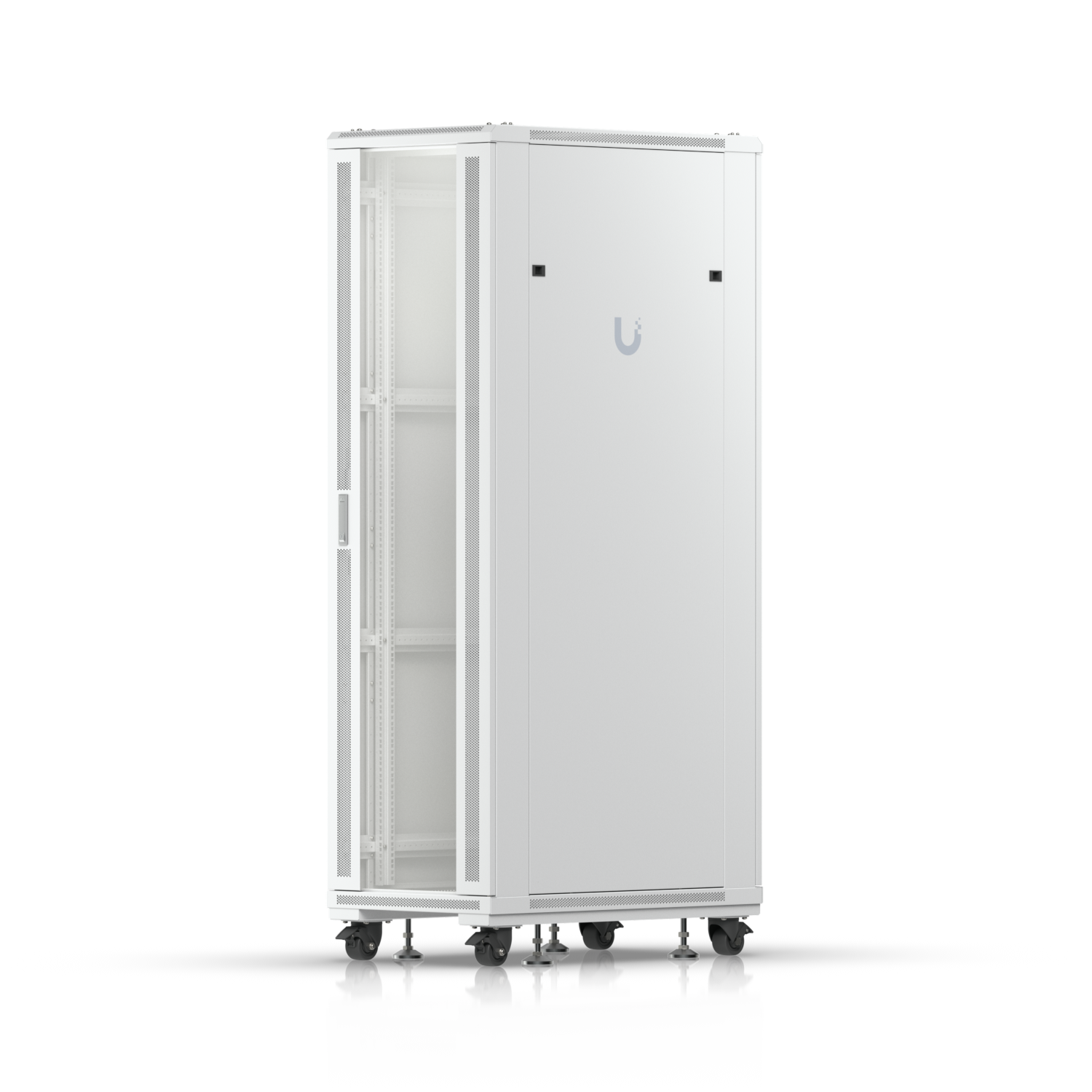Ubiquiti UACC-Rack-42U 1000mm rack cabinet in front three-quarter view with solid removable side panel