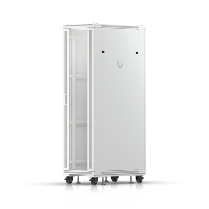 Ubiquiti UACC-Rack-42U 1000mm rack cabinet in front three-quarter view with solid removable side panel
