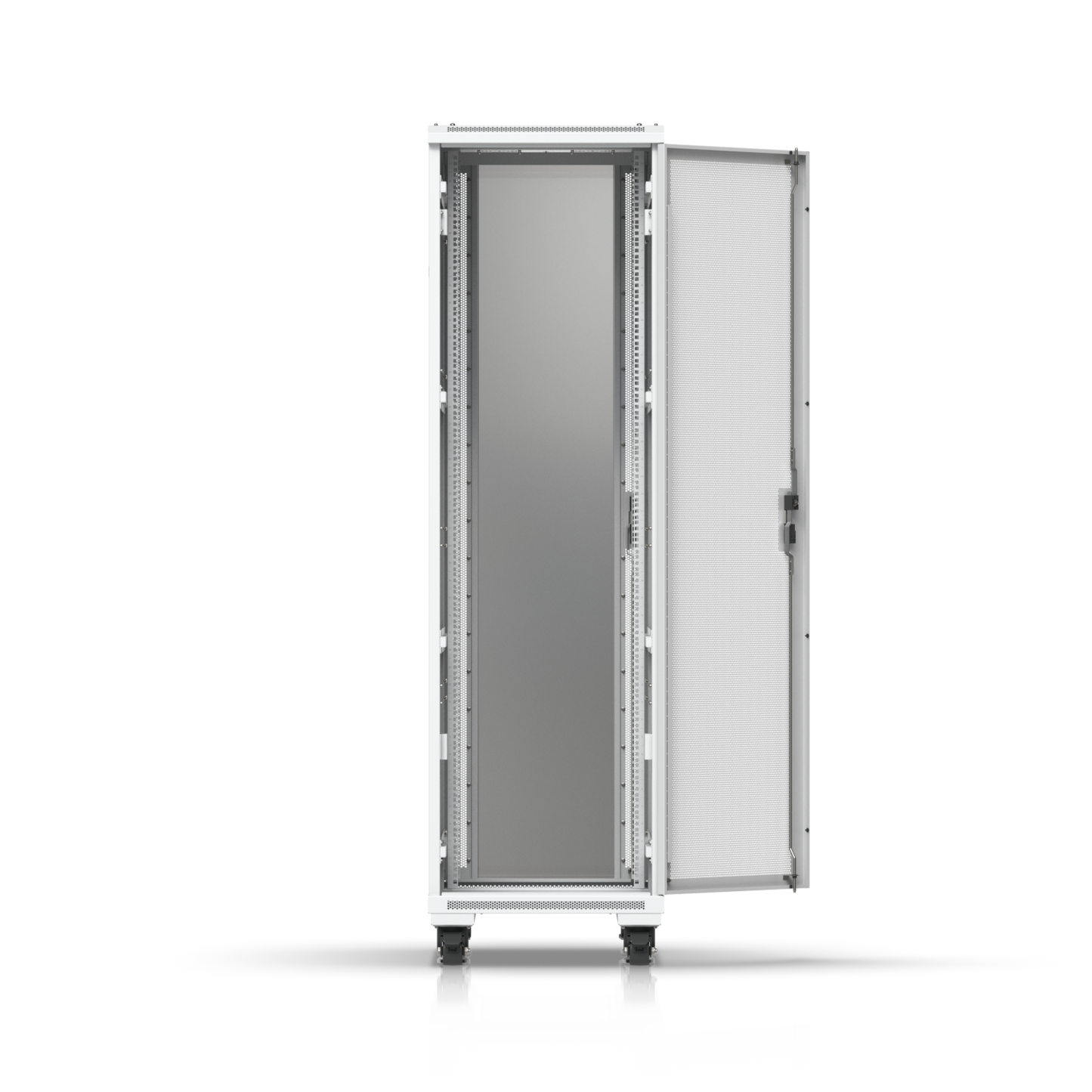 Ubiquiti UniFi 42U rack cabinet with ventilated door open, showing adjustable equipment mounting rails