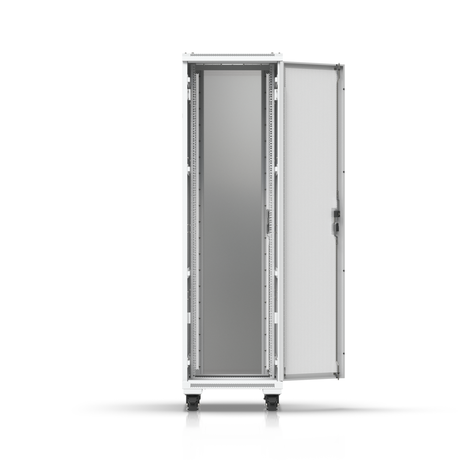 Ubiquiti UniFi 42U rack cabinet with ventilated door open, showing adjustable equipment mounting rails