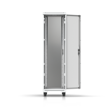 Ubiquiti UniFi 42U rack cabinet with ventilated door open, showing adjustable equipment mounting rails