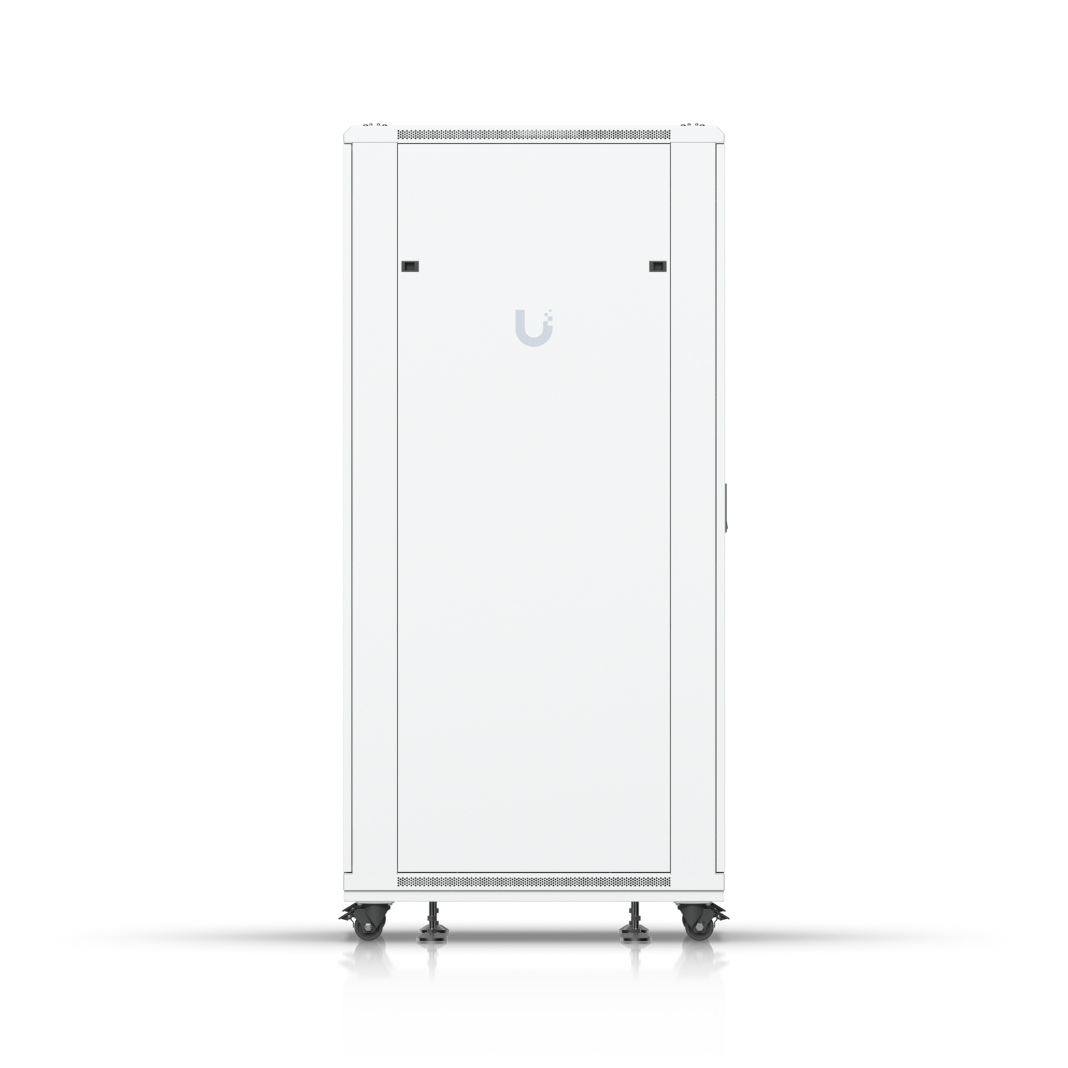 Side view of Ubiquiti UniFi 1000mm 42U rack cabinet with removable solid panel, casters and levelling feet