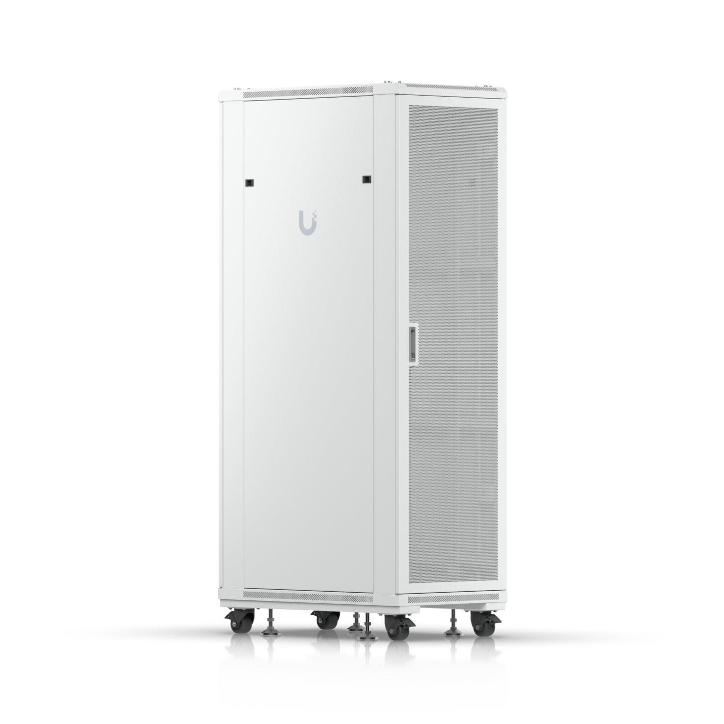 Ubiquiti UACC-Rack-42U rack cabinet in rear three-quarter view with ventilated door and solid side panel