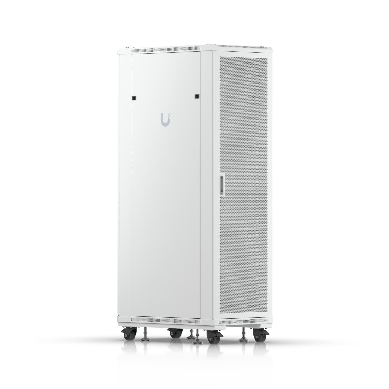 Ubiquiti UACC-Rack-42U rack cabinet in rear three-quarter view with ventilated door and solid side panel