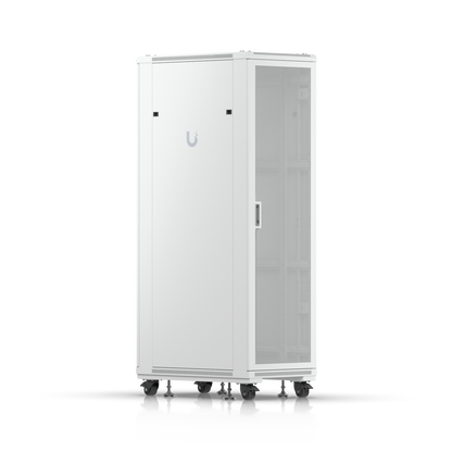 Ubiquiti UACC-Rack-42U rack cabinet in rear three-quarter view with ventilated door and solid side panel