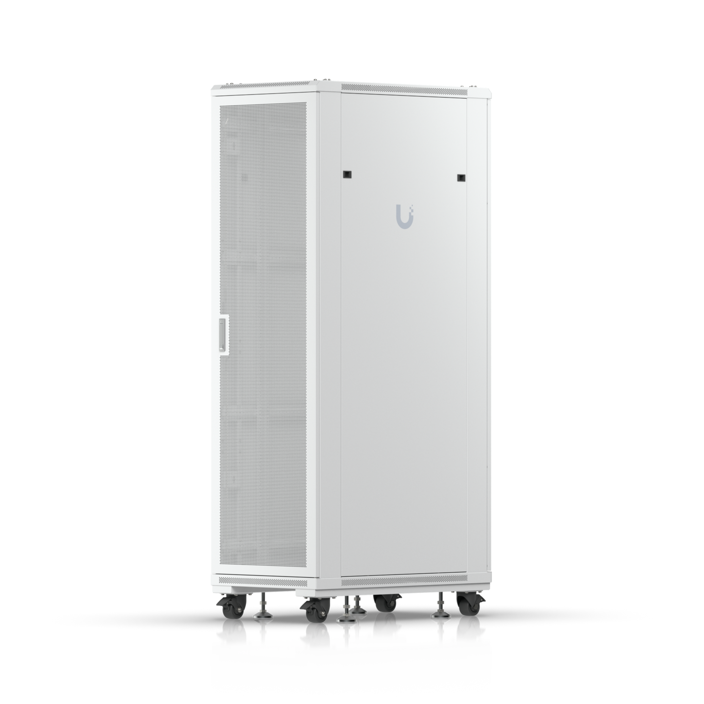 Ubiquiti UniFi 42U rack cabinet in front three-quarter view with perforated door and removable side panel