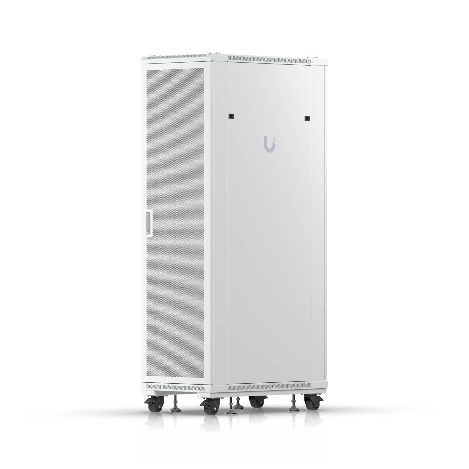 Ubiquiti UniFi 42U rack cabinet in front three-quarter view with perforated door and removable side panel