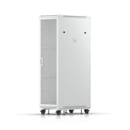 Ubiquiti UniFi 42U rack cabinet in front three-quarter view with perforated door and removable side panel