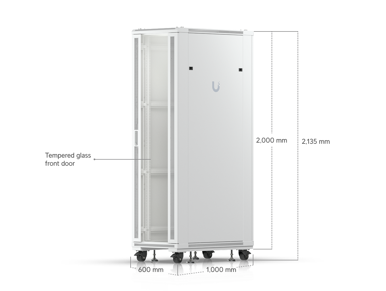 Ubiquiti UACC-Rack-42U dimension diagram showing 600mm width, 1000mm depth and 2135mm overall height