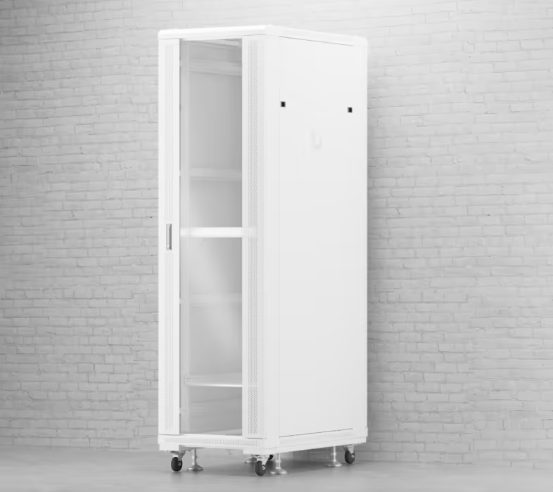 Ubiquiti UACC-Rack-42U white 42U network cabinet with glass front door displayed in a modern server room