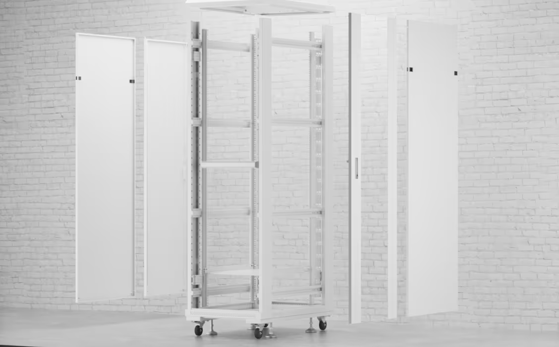 Exploded view of Ubiquiti UniFi 42U rack cabinet showing removable doors, side panels, top cover and internal frame