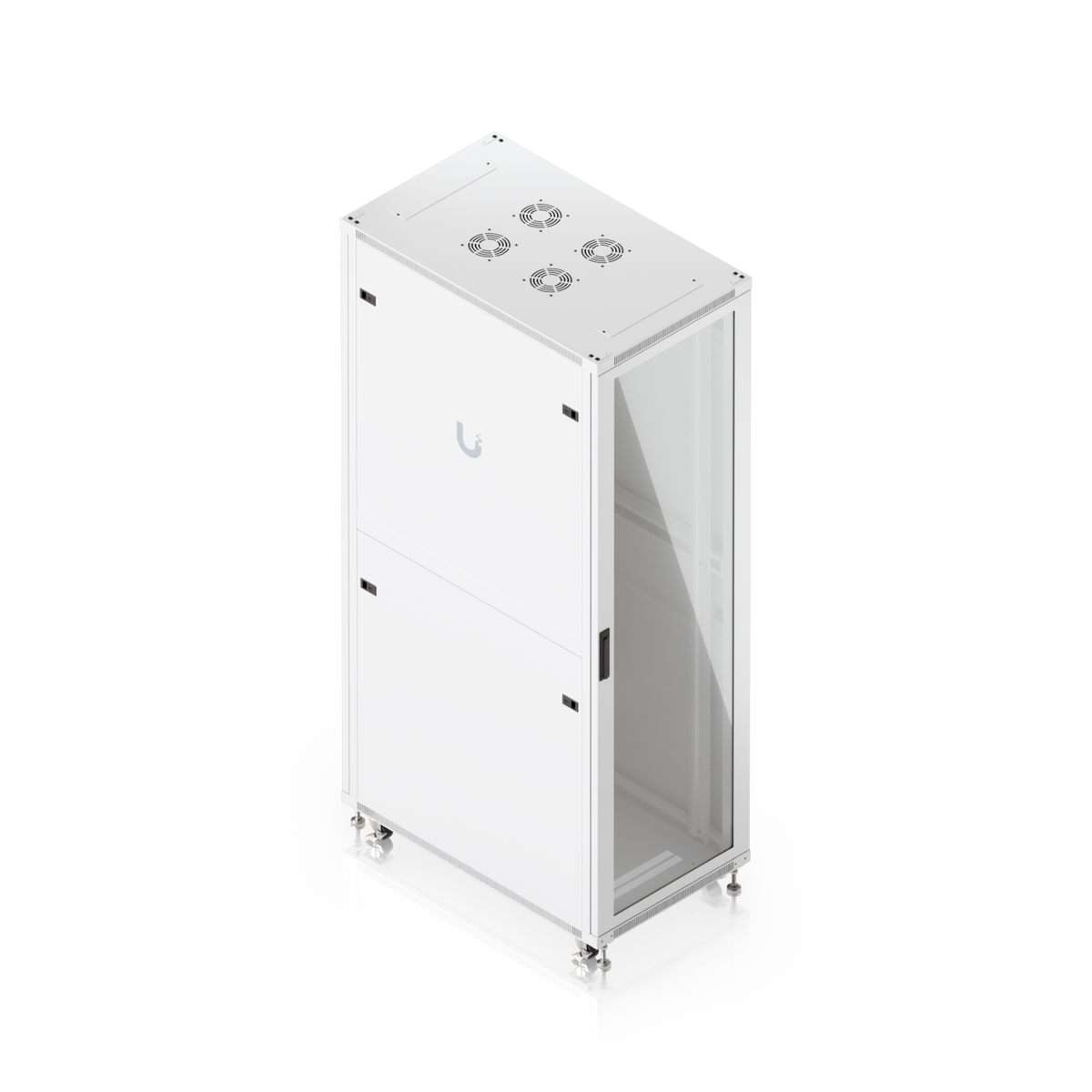 Ubiquiti UACC-Rack-42U-1000-G UniFi 1000mm 42U rack cabinet elevated view with glass front door and top ventilation