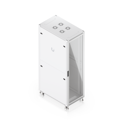 Ubiquiti UACC-Rack-42U-1000-G UniFi 1000mm 42U rack cabinet elevated view with glass front door and top ventilation