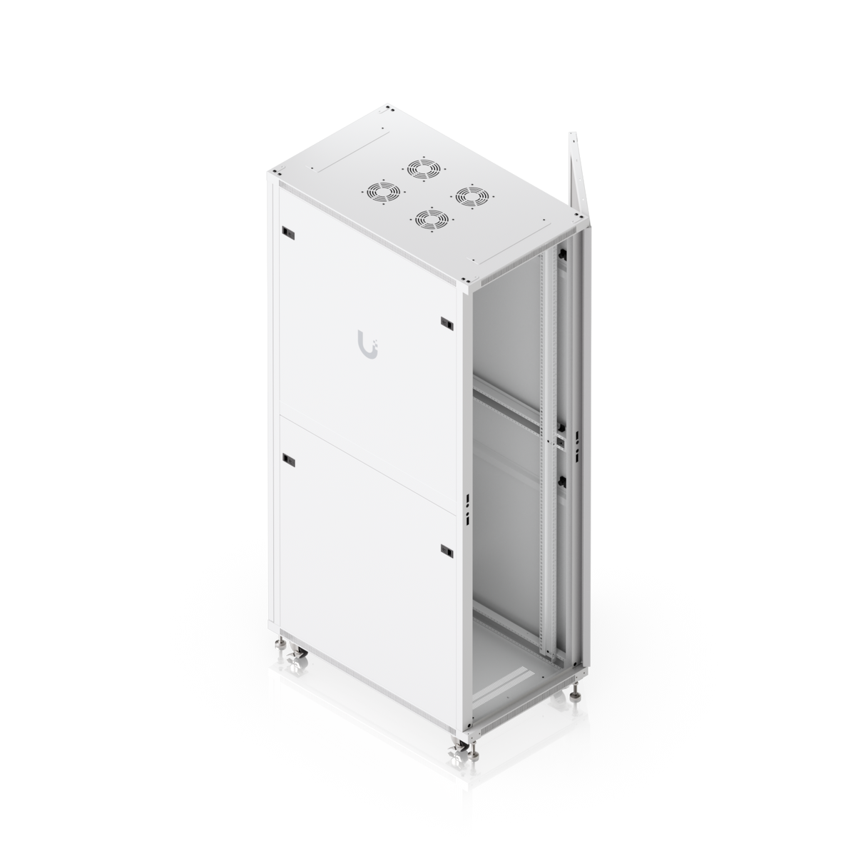 Ubiquiti UACC-Rack-42U-1000-G UniFi 42U rack cabinet elevated view with glass front door open showing internal frame