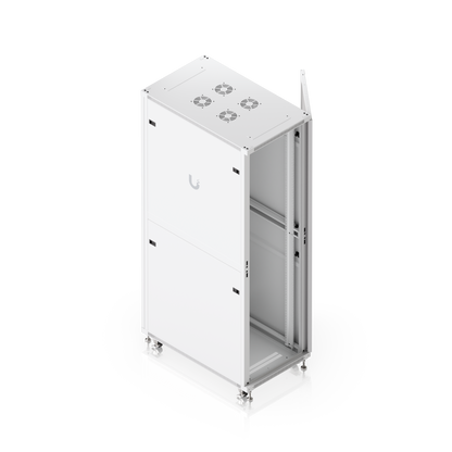 Ubiquiti UACC-Rack-42U-1000-G UniFi 42U rack cabinet elevated view with glass front door open showing internal frame