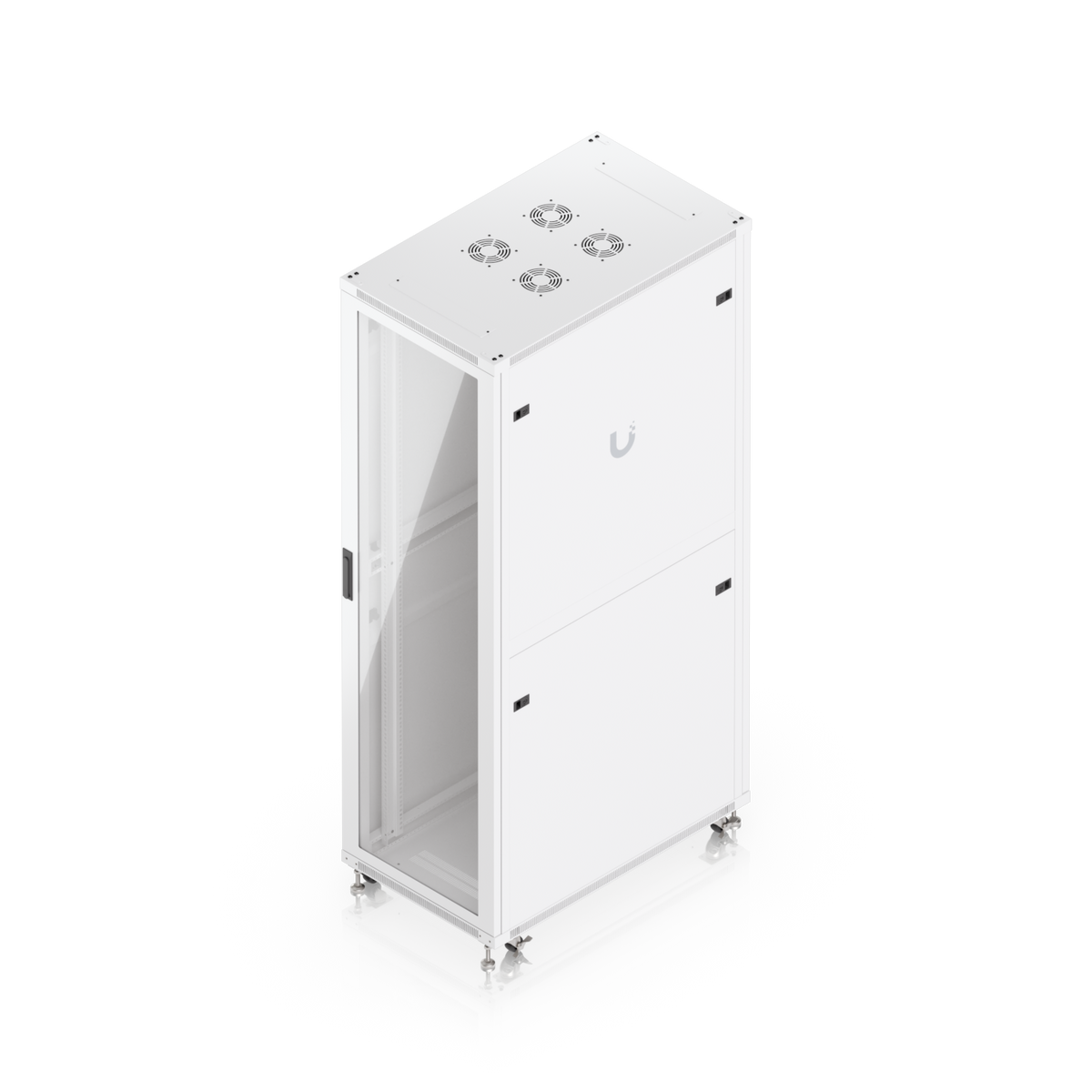 Ubiquiti UACC-Rack-42U-1000-G UniFi 1000mm 42U rack cabinet elevated front and rear angle with glass door and top ventilation