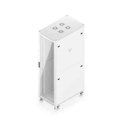 Ubiquiti UACC-Rack-42U-1000-G UniFi 1000mm 42U rack cabinet elevated front and rear angle with glass door and top ventilation
