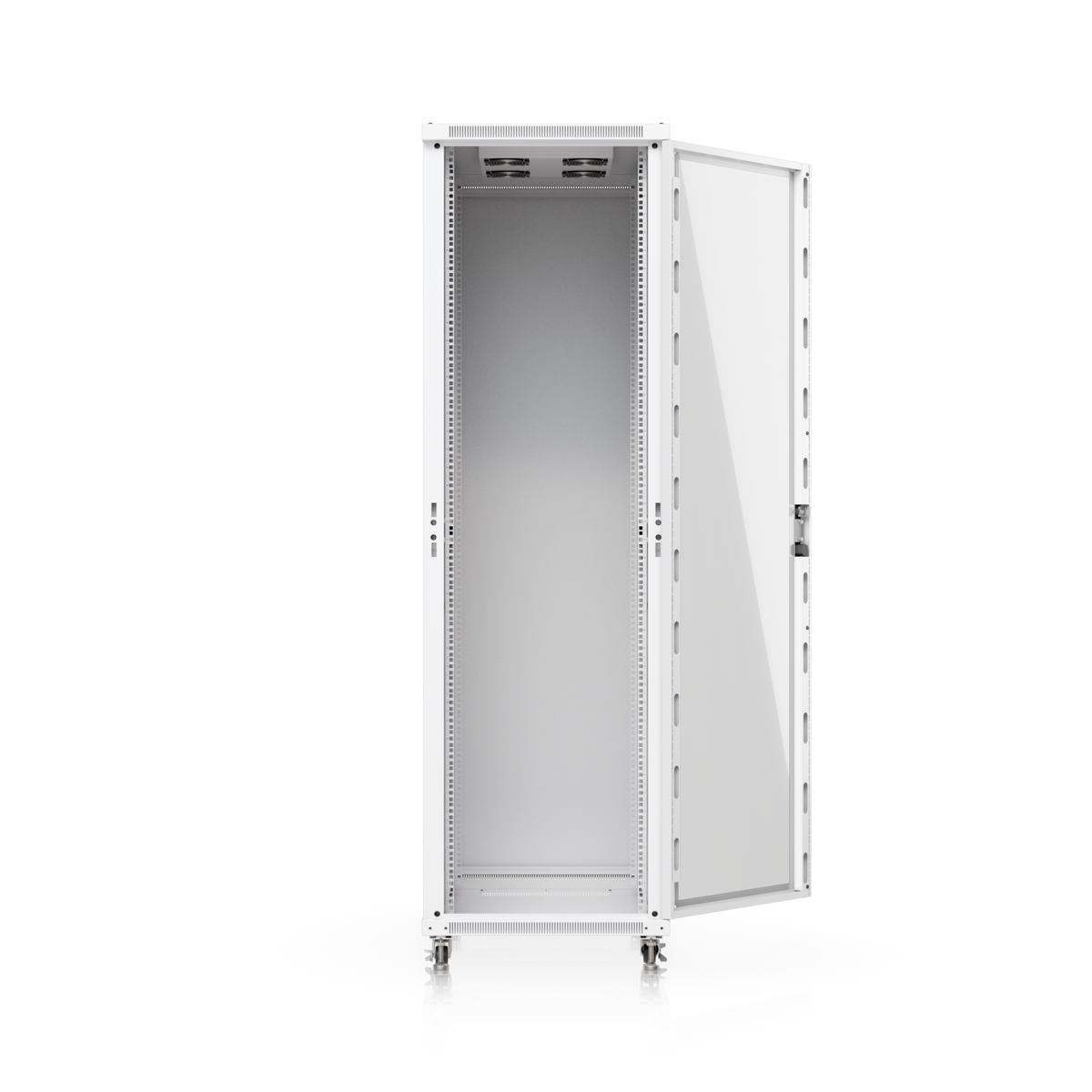 Ubiquiti UACC-Rack-42U-1000-G UniFi 42U rack cabinet with glass front door open showing internal mounting rails