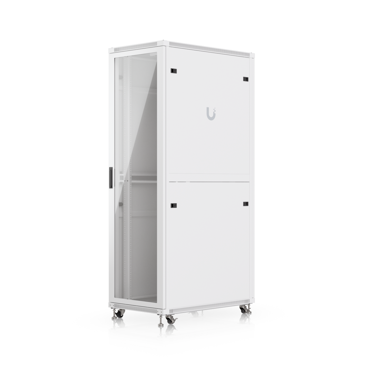 Ubiquiti UACC-Rack-42U-1000-G UniFi 1000mm 42U rack cabinet angled front view with glass door and side panels