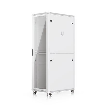 Ubiquiti UACC-Rack-42U-1000-G UniFi 1000mm 42U rack cabinet angled front view with glass door and side panels